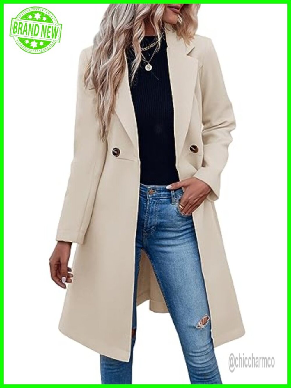 Fazortev Womens Double Breasted Pea Trench Coat Loose Fit Winter Overcoat